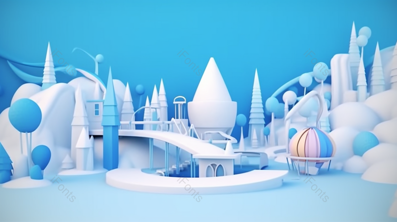 游乐园场景创意空间建模3D雪白场景建筑蓝色系,插画/手绘图,插画/手绘图库,插画/手绘图下载,插画/手绘